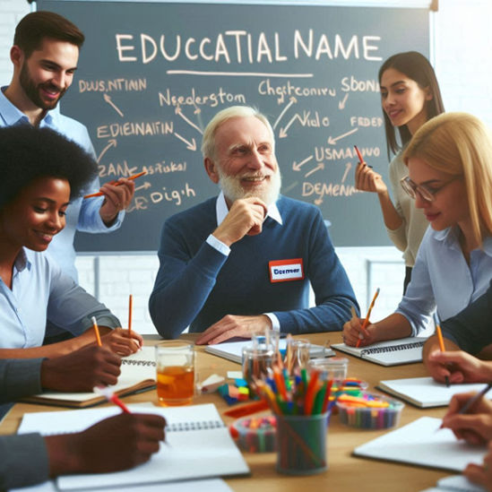 A diverse group brainstorming business name ideas for an educational venture, inspired by Reddit suggestions.
