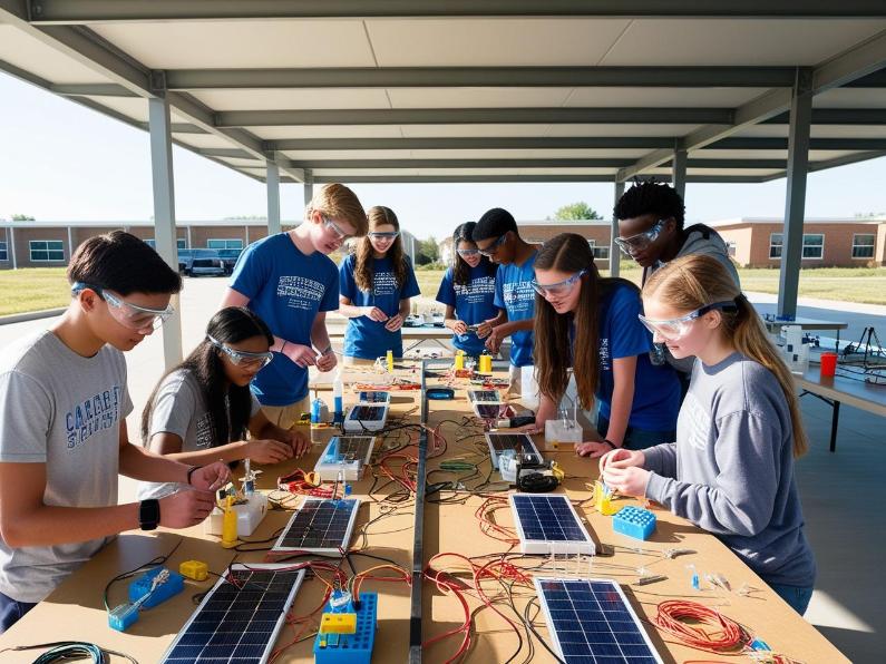 Students working on STEM projects under a modern outdoor garage-style shelter.