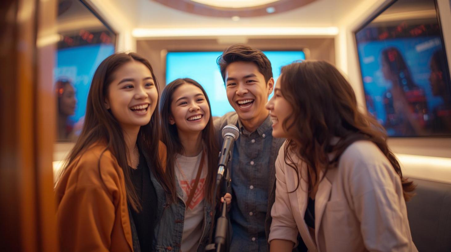 Students and teacher joyfully singing together in a bright, modern karaoke classroom.