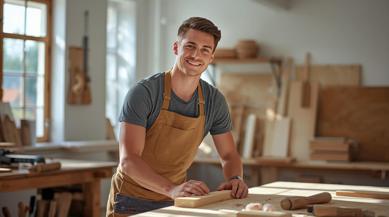 Young Konstanz apprentice carpenter smiling while crafting wood in bright vocational workshop.