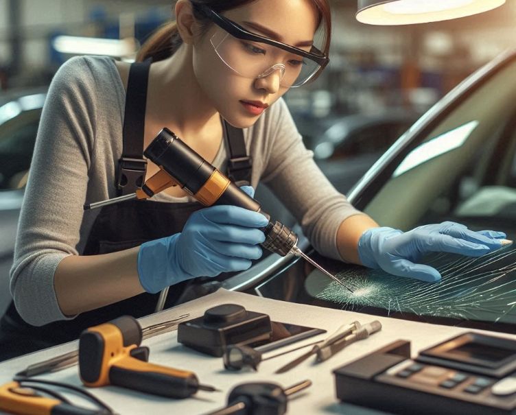 technician repairing a windshield chip using professional tools