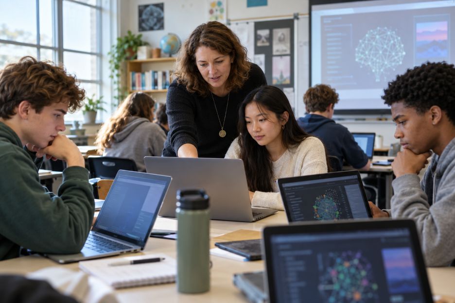 teacher guiding high school students through an AI literacy exercise